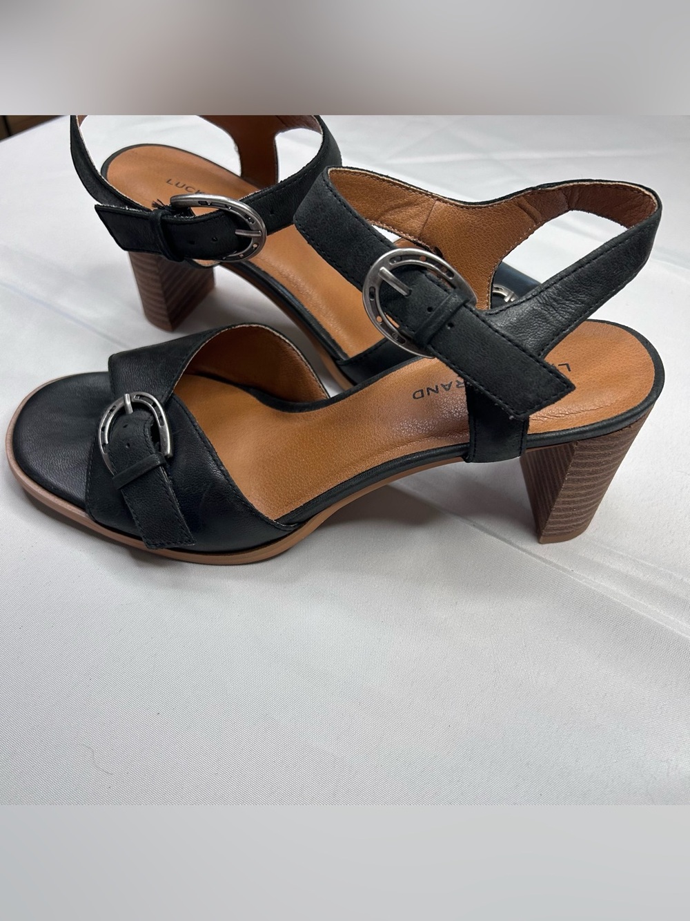 Lucky Brand Black Leather Buckle Block Heel Sandals with Brown Stacked Heel